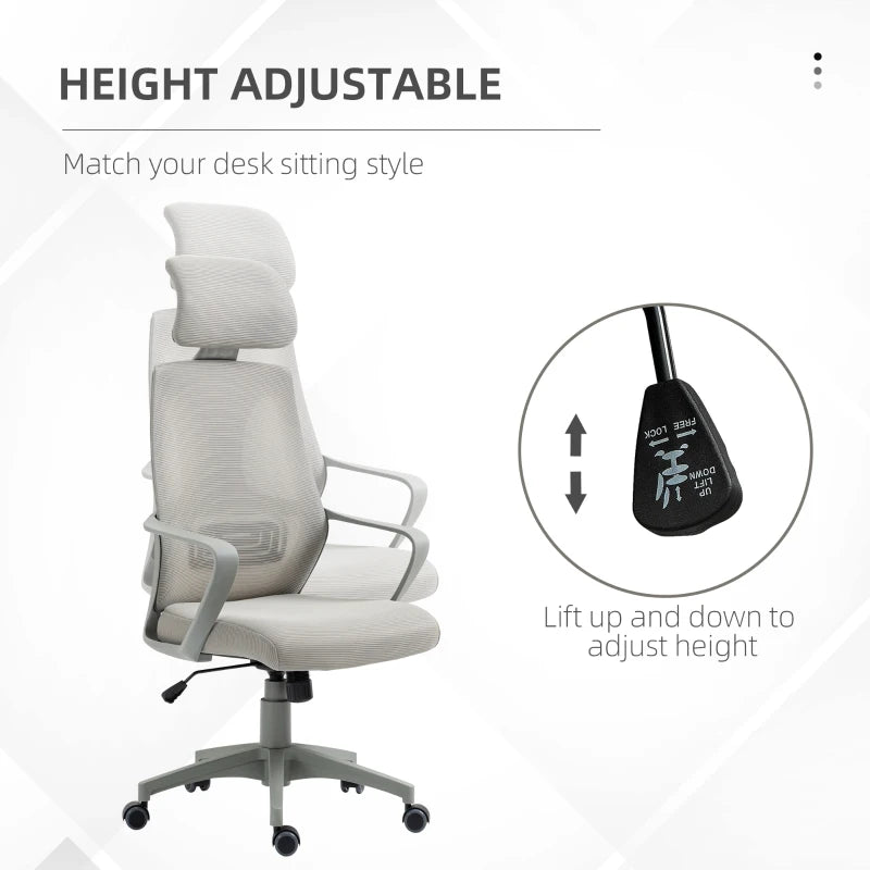 Vinsetto Ergonomic High Back Office Chair - Mesh Desk Chair with Lumbar Support, Adjustable Headrest & Height, Grey