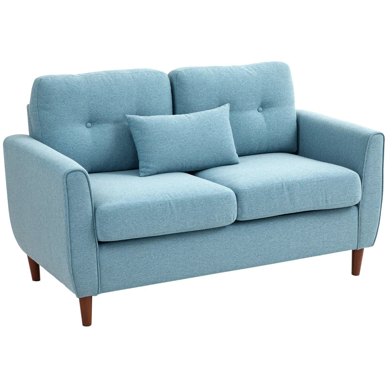 Modern 2 Seater Fabric Sofa with Spring Cushions and Wooden Legs, Tufted Love Seat for Living Room, Light Blue