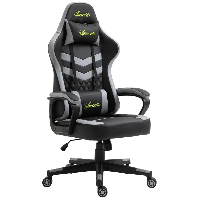 Vinsetto Gaming Chair - Ergonomic Computer Desk Chair with Lumbar Support, Faux Leather, Headrest & Swivel Wheels - Black Grey
