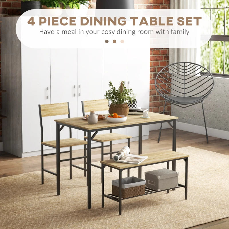 Square Dining Set for 4 - Natural Wood Effect Table, Chairs & Bench Included - Stylish & Durable Furniture