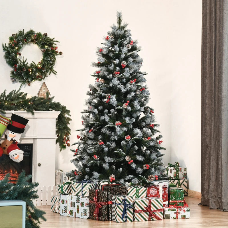 6FT Snow Dipped Christmas Pencil Tree with Red Berries & Pinecones - Foldable Holiday Decoration for Home Parties
