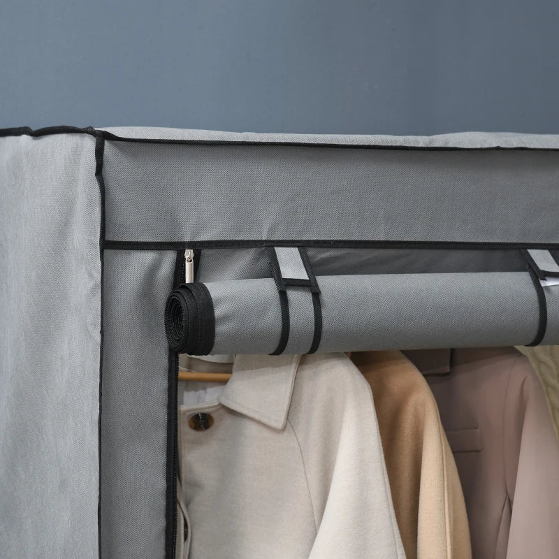 Light Grey Steel Frame Fabric Wardrobe with Rail and Shelves for Organized Storage