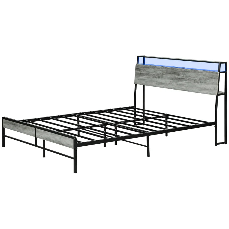 Modern Double Steel Bed Frame with LED Lights & Headboard Shelf - Stylish Grey Design for Ultimate Comfort