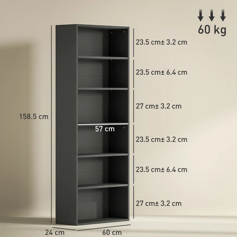Stylish Black Six Shelf Bookcase - Modern Storage Solution for Home or Office, Perfect for Books and Decor
