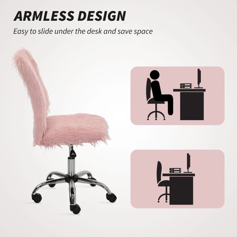 Modern Pink Plush Office Desk Chair - Armless Swivel Vanity Chair with Adjustable Height for Home, Bedroom & Living Room