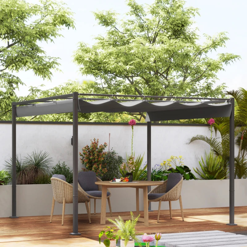 Grey Retractable Roof Garden Pergola with Sun Shade Canopy