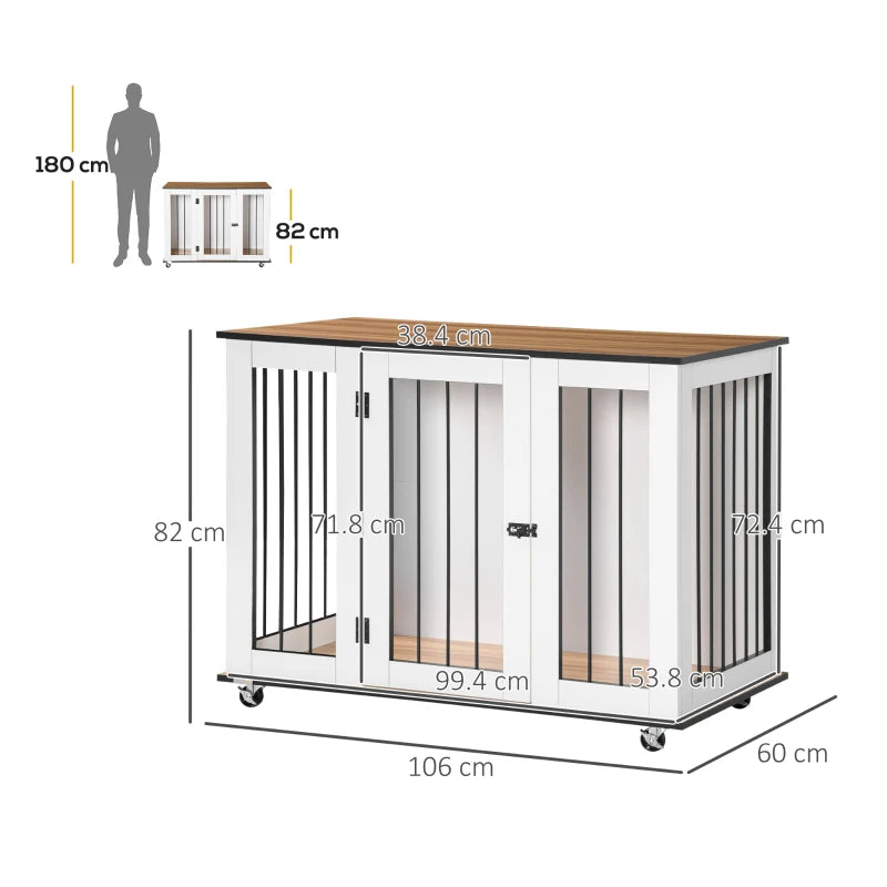 Stylish Dog Crate Furniture with Wheels - Large Dog Cage End Table, 106 x 60 x 82 cm, White Finish