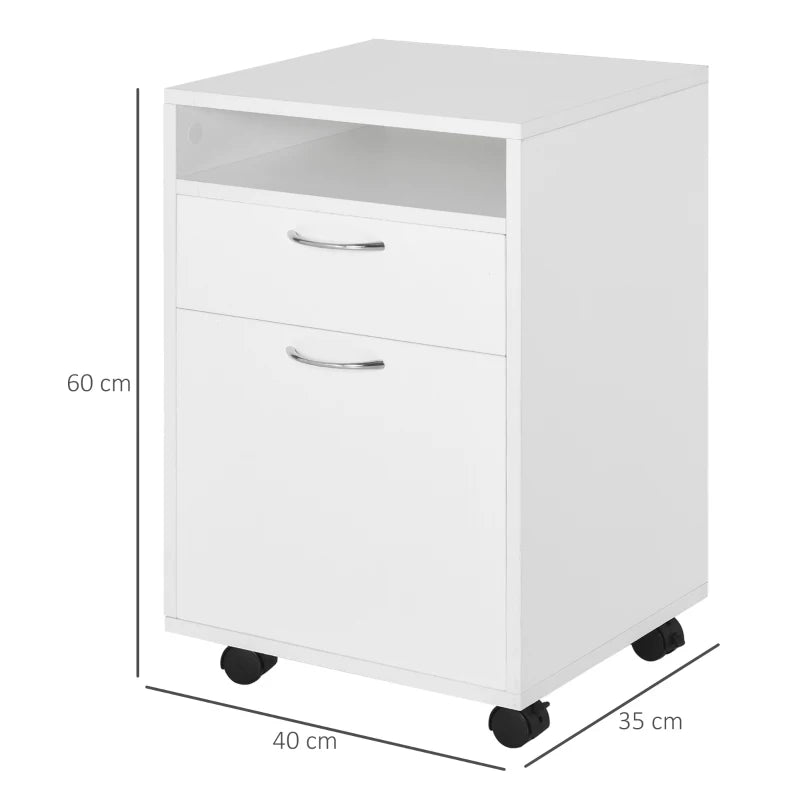 60cm Mobile Filing Cabinet with Drawer & Open Shelf, 4 Wheels, Metal Handles - White Office Home Organizer for Printers
