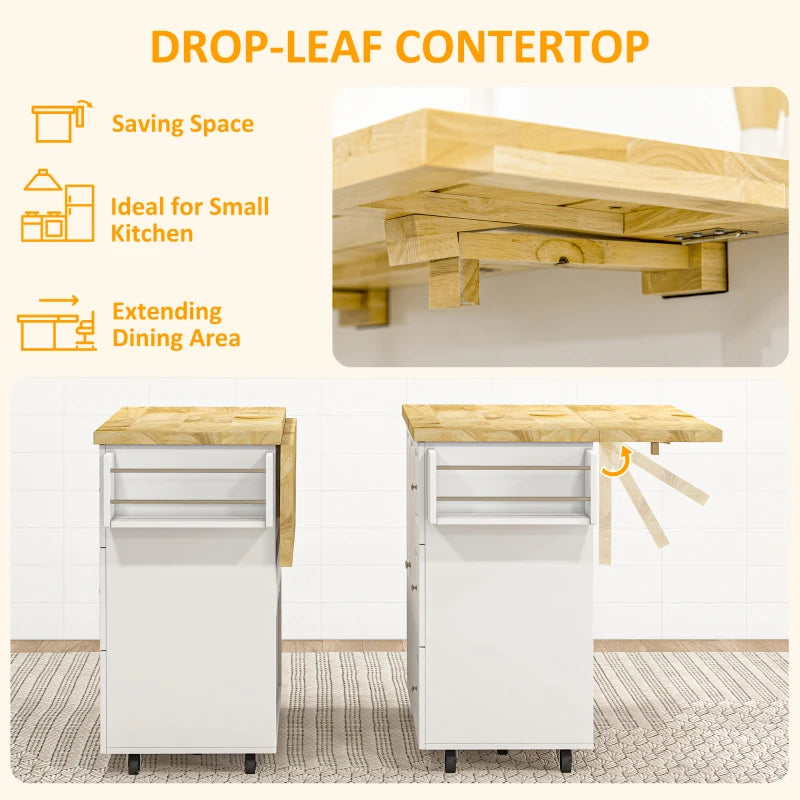 Drop-Leaf Kitchen Island on Wheels - Extendable Rubber Wood Worktop, Rolling Storage Trolley with Drawers & Cabinet, White