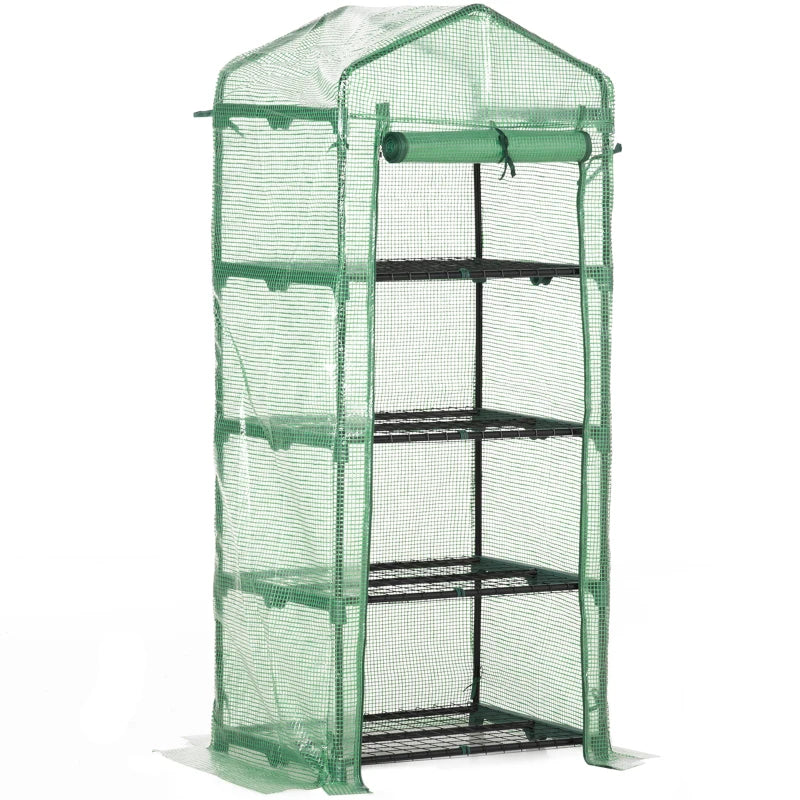 Compact Greenhouse with Steel Frame, 4 Tier, Roll-up Door, 70x50x160 cm, Green