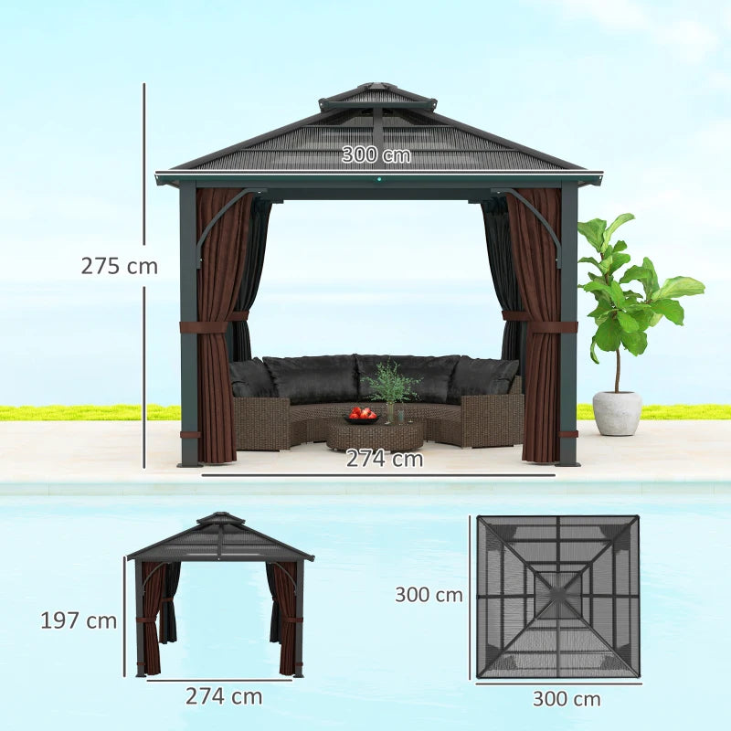 3x3m Brown Hardtop Gazebo Canopy with 7mm Double Polycarbonate Roof, Permanent Garden Pavilion with Mosquito Netting and Curtains for Patio and Deck