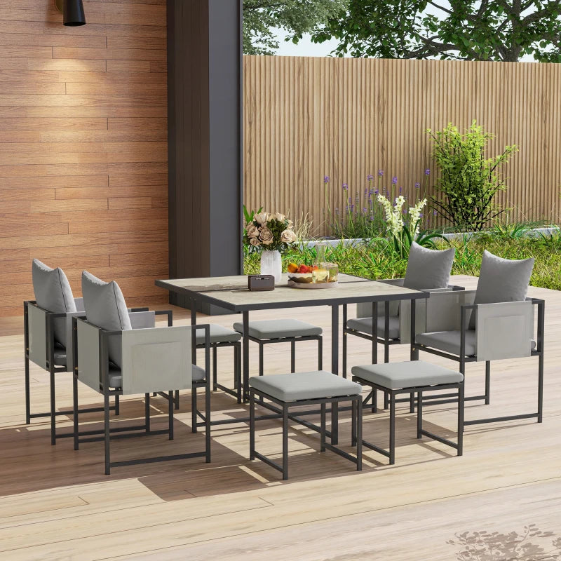 Nine-Piece Grey Steel Frame Garden Dining Set - Outdoor Furniture for Patio and Backyard