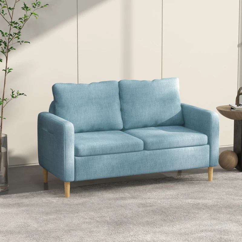 Modern Two-Seater Sofa for Living Room, Stylish Fabric Couch with Wooden Legs and Storage Pockets, Blue