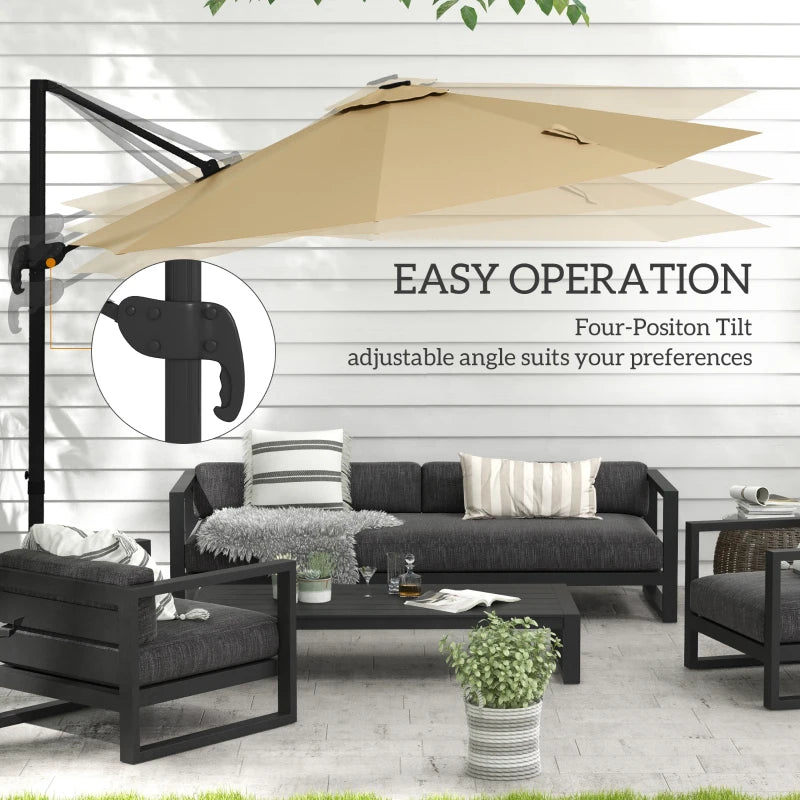 Adjustable Khaki Cantilever Parasol with Solar LED Lights & Base
