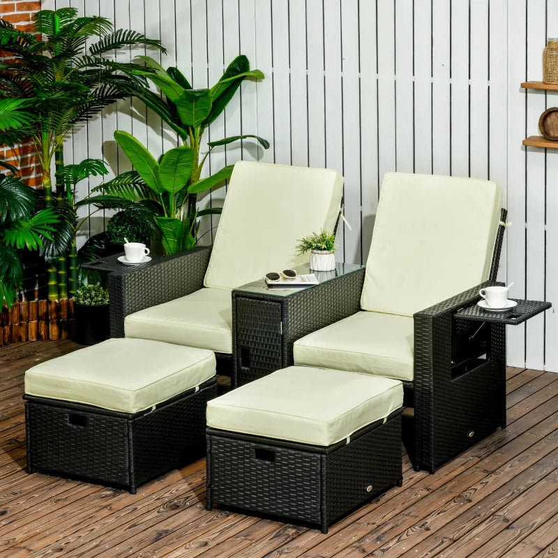 Black 5PC Rattan Sun Lounger Set with Adjustable Recliner and Storage Table