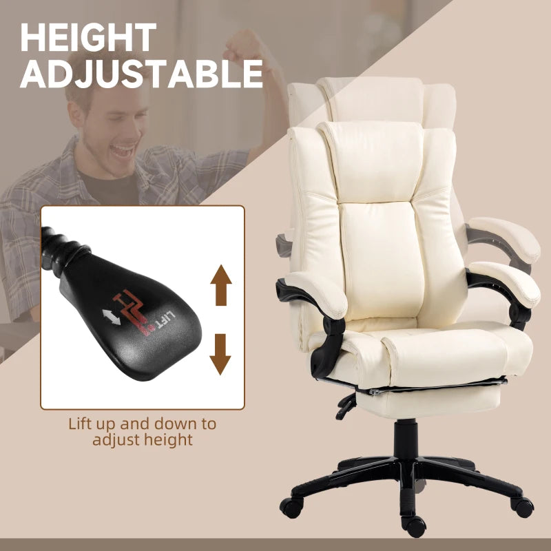 Vinsetto Cream White PU Leather Office Chair - Swivel Computer Chair with Footrest, Adjustable Height & Wheels