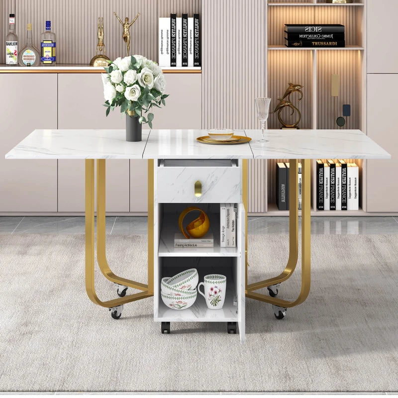 Folding Extendable Dining Table with Cupboard & 2 Drawers - Space-Saving Utility Table on Castors, Adjustable Legs, White/Gold