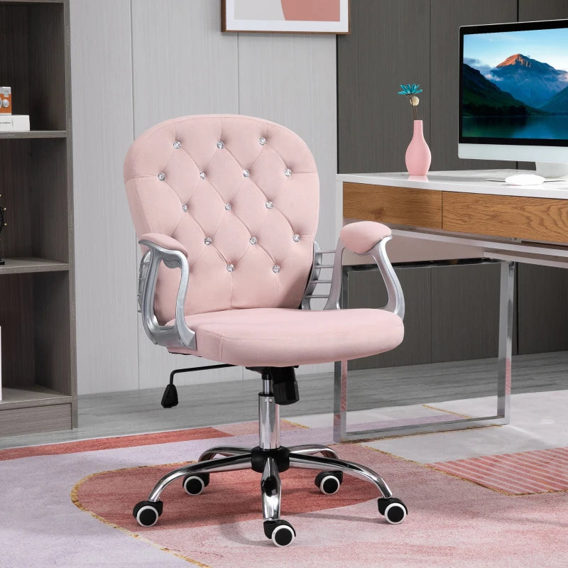 Vinsetto Pink Velvet Office Chair - Swivel Desk Chair with Adjustable Height & Rolling Wheels for Home & Study
