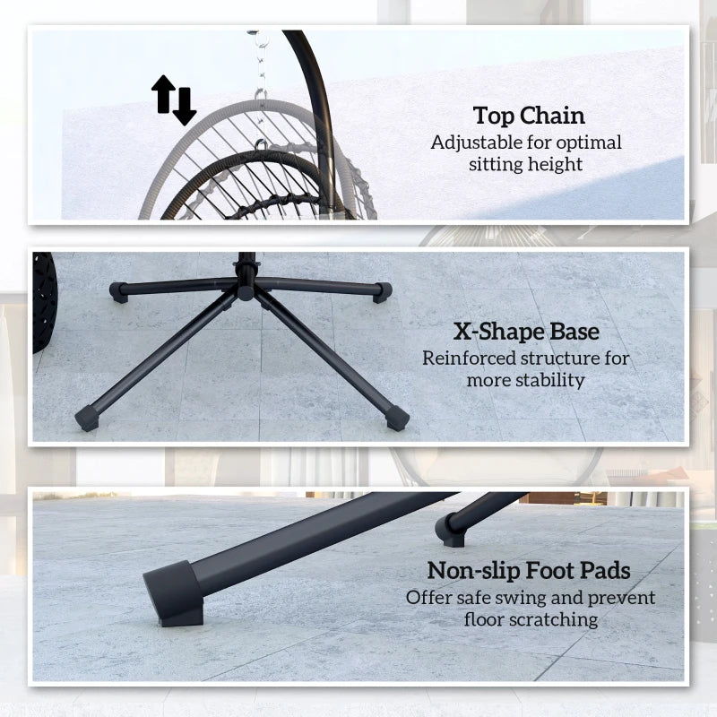 Black Outdoor PE Rattan Swing Chair with Cushion - Foldable Garden Hanging Egg Chair with Metal Stand and Headrest for Indoor and Outdoor Use