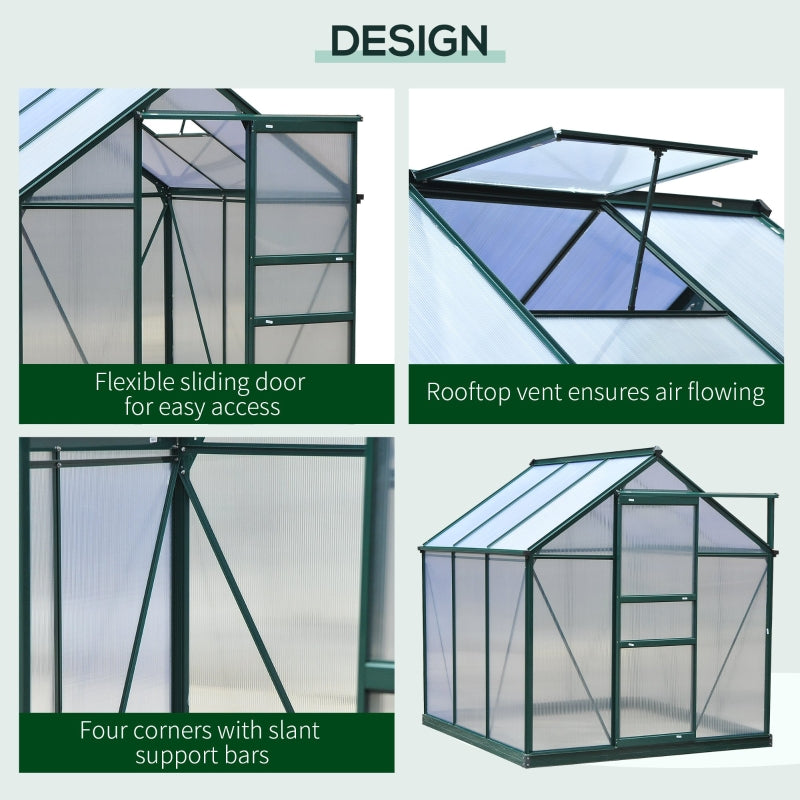 Green 6ft x 6ft Walk-In Polycarbonate Greenhouse with Aluminium Frame, Sliding Door & Roof Vent Window – Outdoor Garden Grow House for Plants, Vegetables & Flowers – Green