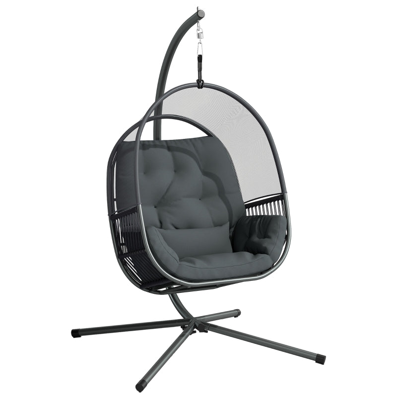 Hanging Egg Chair with Stand - Indoor Outdoor Swing Hammock, Cushions, Adjustable Height, Dark Grey