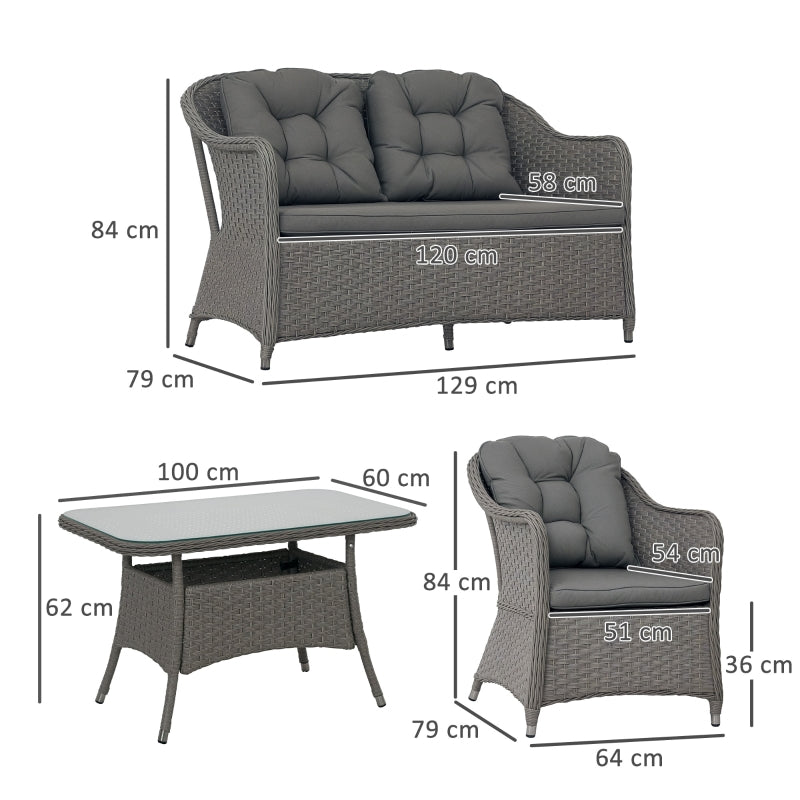 4-Piece Light Grey Rattan Patio Furniture Set with Glass-Top Table