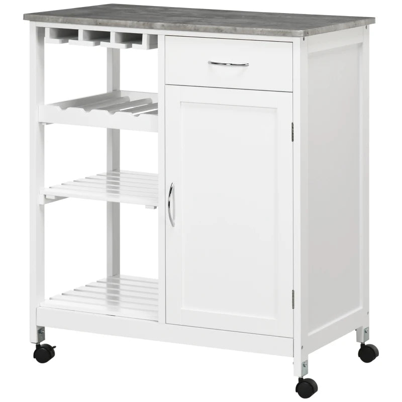 Compact Kitchen Trolley Utility Cart on Wheels with Wine Rack, Drawer & Storage Cabinet - White Dining Room Organizer