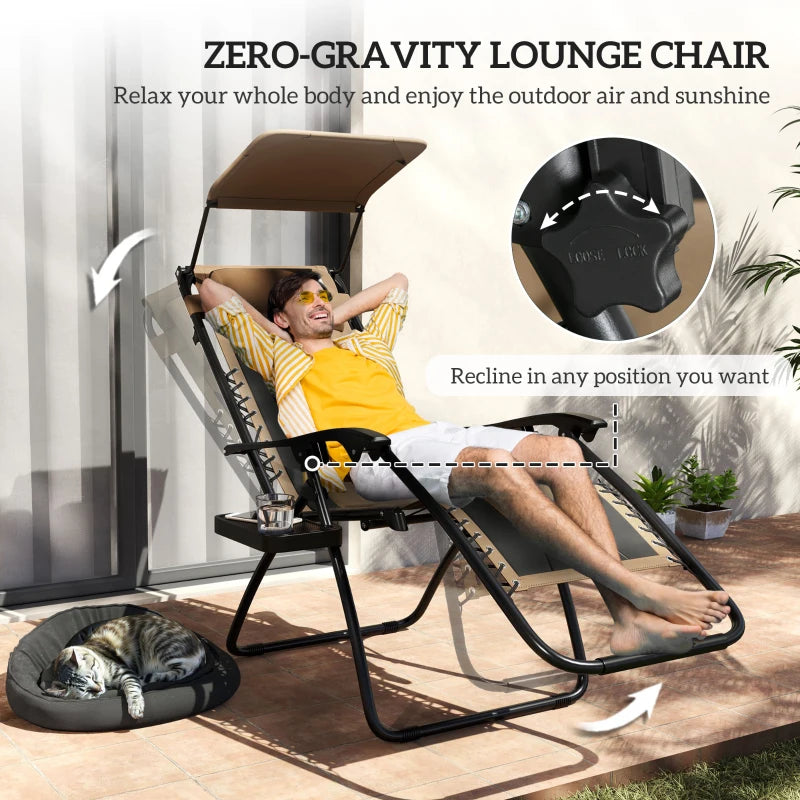 Zero Gravity Lounger Chair Set of 2 - Folding Reclining Patio Chairs with Shade Cover, Cup Holder, Soft Cushion and Headrest - Ideal for Poolside, Camping, and Coffee - Grey