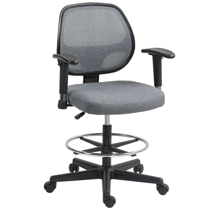 Vinsetto Ergonomic Drafting Chair - Adjustable Fabric Office Stool with Height Armrest & Foot Ring, 360° Swivel, Grey