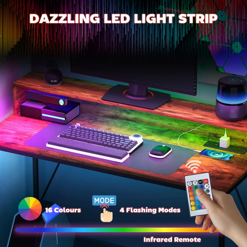 120cm Rustic Brown Computer Desk with LED Lights & Power Outlets, Gaming Table with Monitor Stand & Remote for Home Office