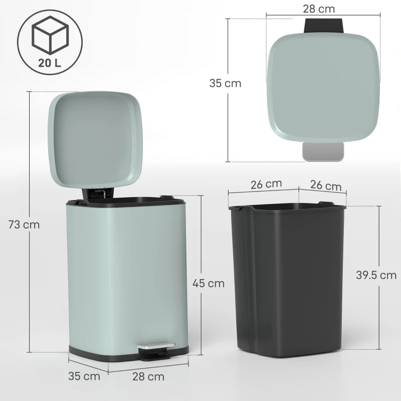 20L Modern Boxy Metal Kitchen Bin - Stylish Light Green Trash Can for Home Organization & Waste Management
