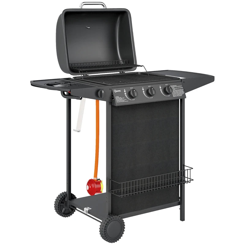 3+1 Burner Portable Gas BBQ Grill with Thermometer, Side Table, Wheels for Outdoor Cooking