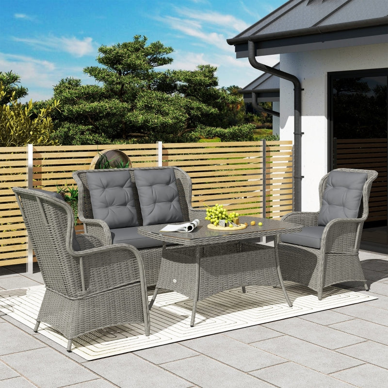 4 Seater Light Grey PE Rattan Outdoor Dining Sofa Set with High Back Chairs and Cushions, Tempered Glass Coffee Table for Patio