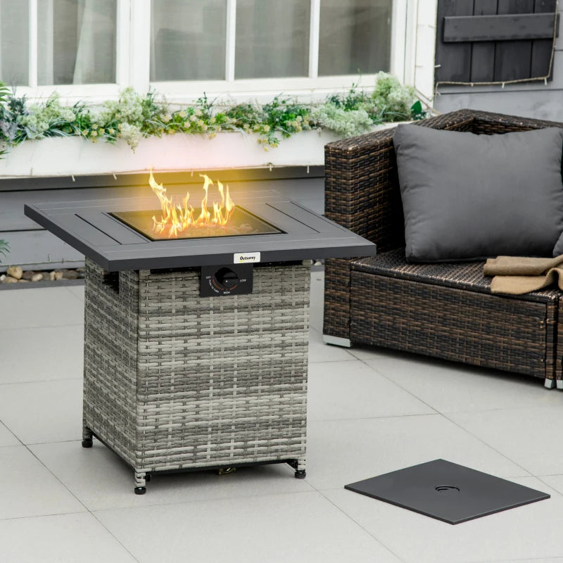 Outdoor PE Rattan Gas Fire Pit Table - 40,000 BTU Square Propane Heater with Rain Cover, Mesh Lid & Lava Stone - Mixed Grey