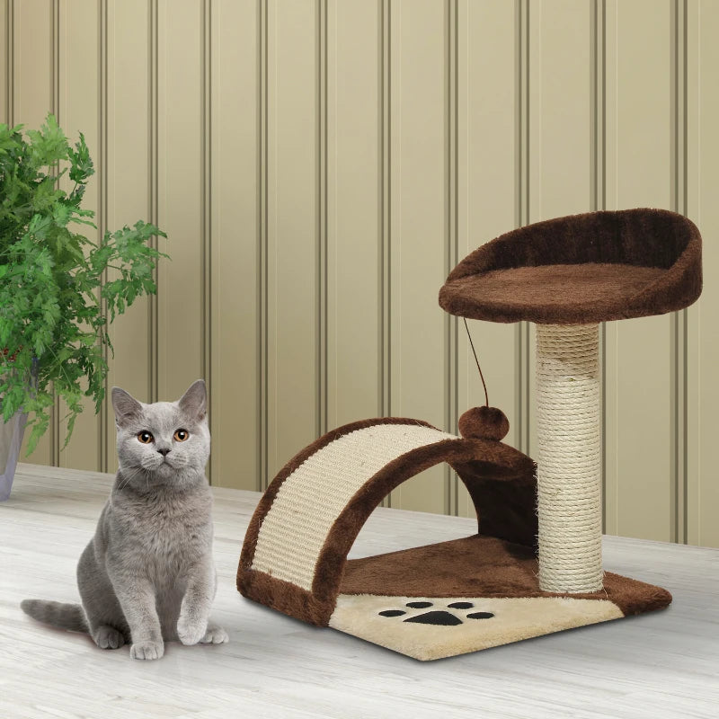 Brown Cat Tree Scratching Post - Kitten Activity Centre with Climber & Hanging Ball - Durable Scratcher for Cats