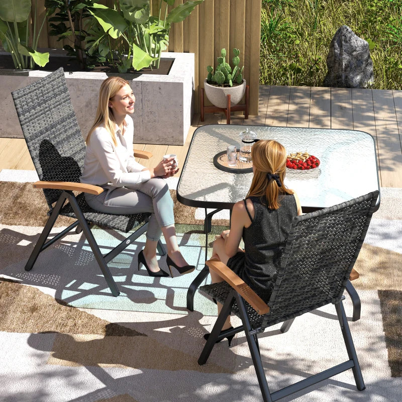 2-Piece Folding Rattan Garden Dining Chairs Set - 5-Level Reclining High Back, Wood Armrests, Outdoor Furniture - Mixed Grey