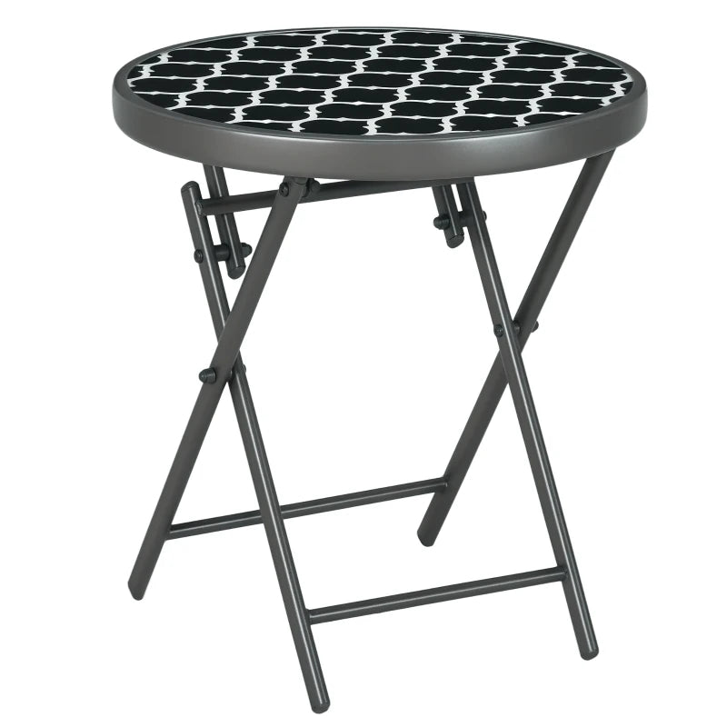 45cm Round Garden Side Table - Outdoor Folding Patio Table with Imitation Marble Glass Top - Black & White Coffee Table