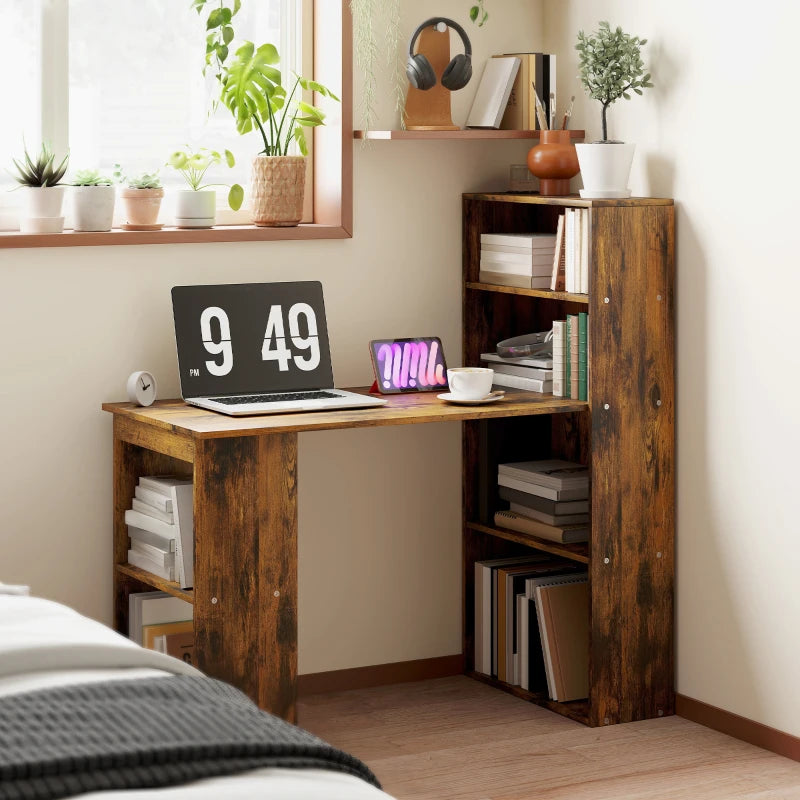 120cm Rustic Brown Wooden Computer Desk with 6-Tier Bookshelves - Home Office Laptop Table & Writing Workstation