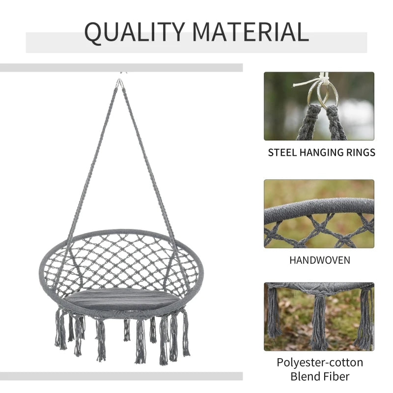 Grey Macrame Hanging Rope Chair with Cushion for Outdoor Patio