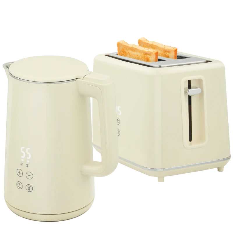 Digital Stainless Steel Kettle & Toaster Set - 1.5L Fast Boil 3000W Kettle, 2 Slice Toaster with 7 Browning Levels, Beige