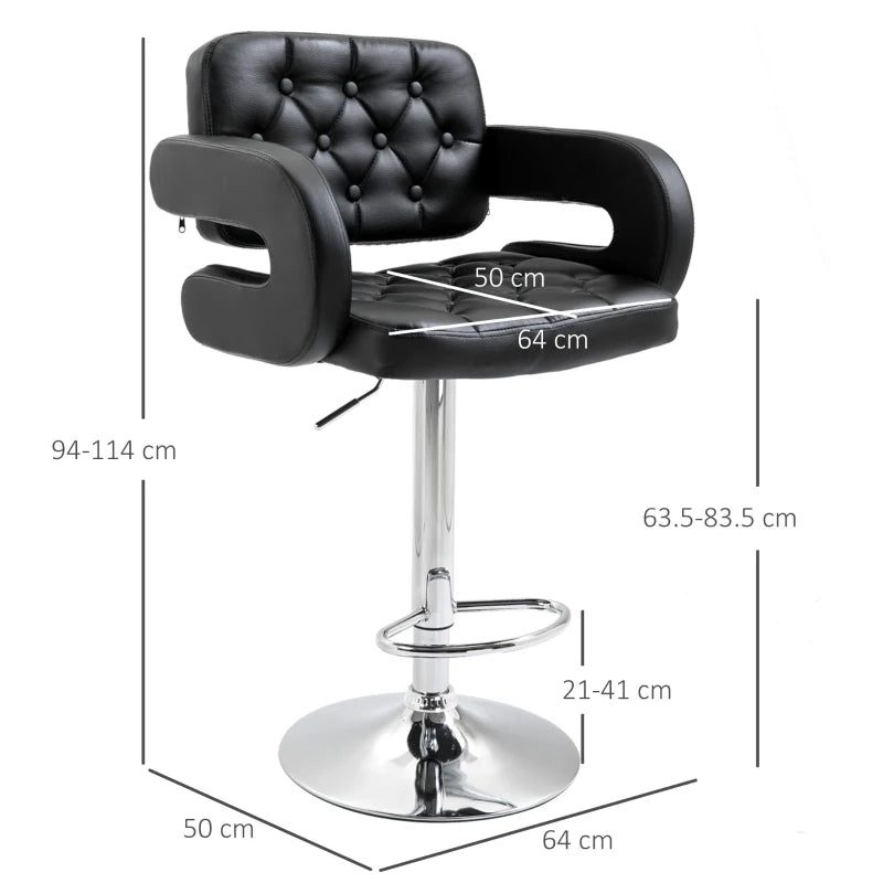 Height Adjustable PU Leather Swivel Bar Stool with Back Armrest and Footrest in Black