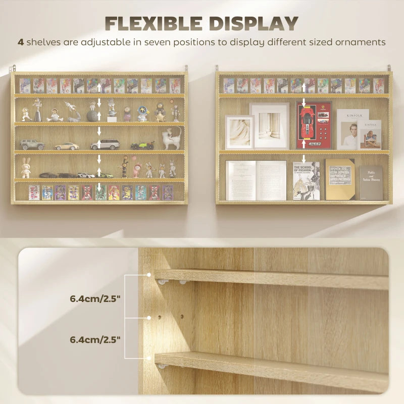 5-Tier Oak Wall Display Shelf Unit with Glass Doors & 4 Adjustable Shelves - Perfect for Home Office Ornaments 60x80cm