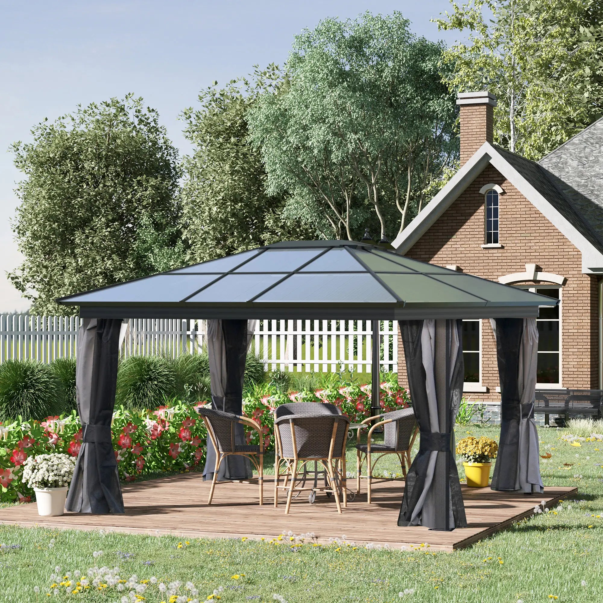 3.6 x 4m Grey Hard Top Gazebo With Polycarbonate Roof & Aluminium Frame - Permanent Pavilion Garden Gazebo