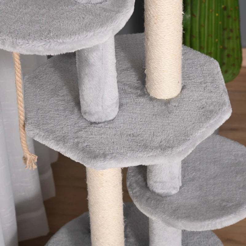 Multi-Level Cat Tree for Indoor Cats - Plush Kitten Tower with Scratching Post, Condo, and Hanging Ropes - Grey Pet Furniture