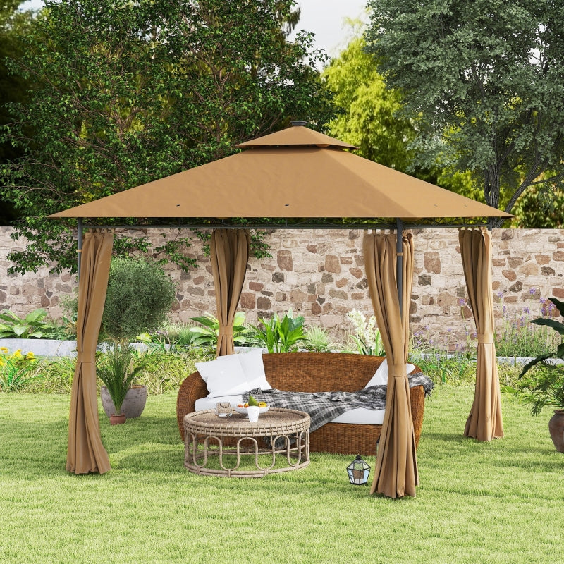 3 x 3 m Brown Garden Gazebo with Double Roof, Curtains & Solar-Powered LED Lights - Outdoor Canopy Shelter for Patio & Deck