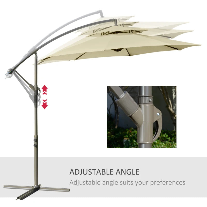 Beige Double Tier Cantilever Garden Umbrella with Crank Handle