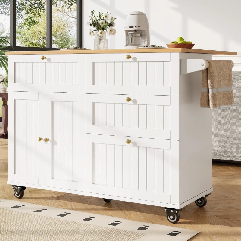 Rolling Mobile Kitchen Island Cart with Drawer & Storage, Drop Leaf, Multi-Functional Design, 133L x 70W x 88H cm, White