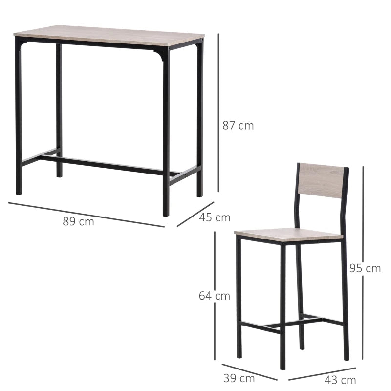 3-Piece Industrial Bar Table Set with 2 Stools, Footrest & Backrest - Perfect for Small Dining Spaces