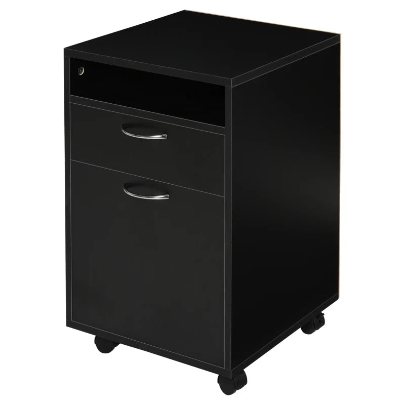 60cm Mobile Filing Cabinet with Drawer & Open Shelf, 4 Wheels, Metal Handles - Black Office Home Organizer for Printers
