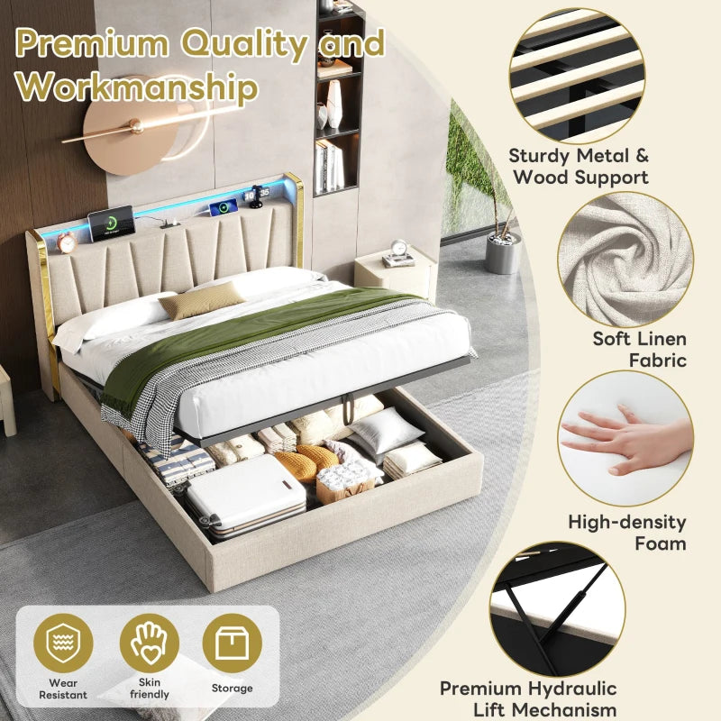 Double Upholstered Bed Frame with Hydraulic Storage and LED Headboard USB Type-C Charging Beige